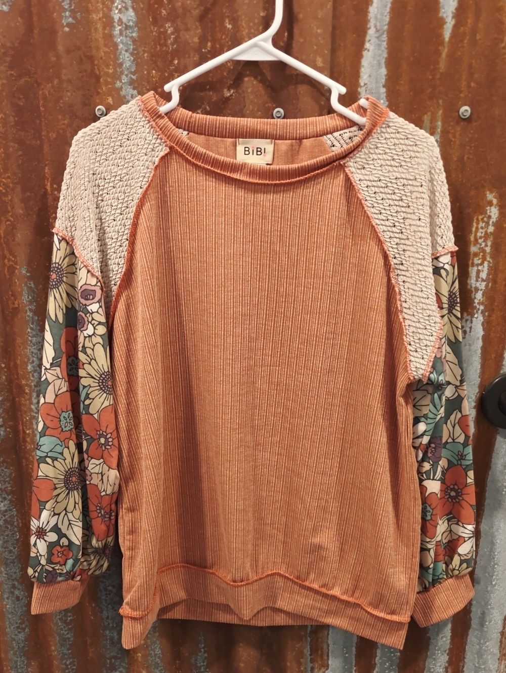 BiBi Rust Orange Ribbed Pullover with Floral Raglan Sleeves